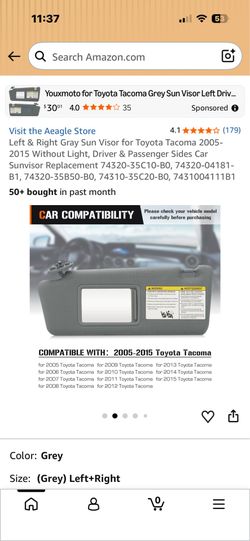 Left and right sun visor for Toyota Tacoma 2005-2015 gray color