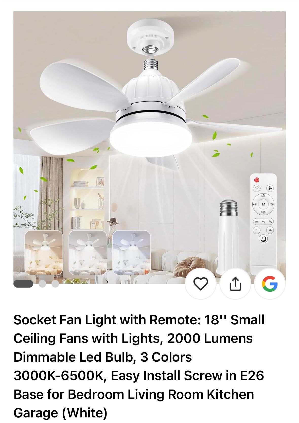 New In Box Socket Ceiling Fan Compact White With Remote