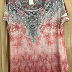 Néw Style & Co. Womens Short Sleeve Embellished Bling Gray And Orange Top Size XL