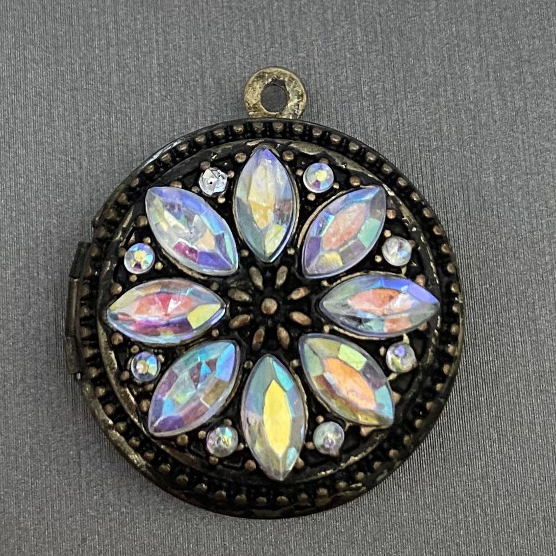 Vintage Double Locket Pendant Iridescent Rhinestones