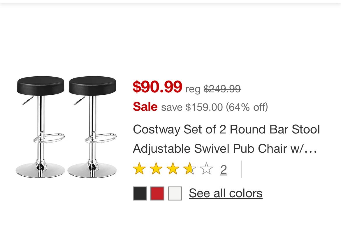 Costway Set of 2 Round Bar Stool Adjustable Swivel Pub Chair w/ Footrest White\Red\Black