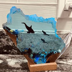 Killer Whale Resin Lamp Orca and Turtle Epoxy Resin Wooden Base