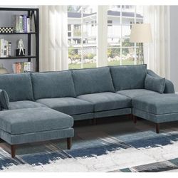 Brand New Grey 6pc Modular Sectional Sofa w Double Chaise Lounge 