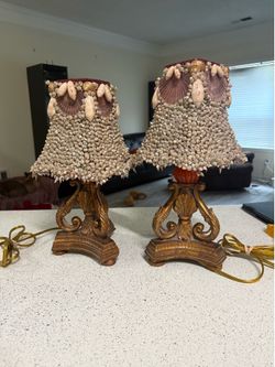 Florentine Tole Fine Scallop Seashell Amber Glass Table Lamps Pair Very Rare