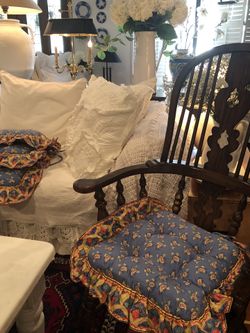 5 Blue And Yellow Country French Chair Cushions With Ruffles