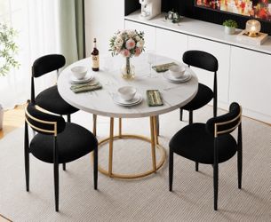 Dining set of 5pcs ,47inch Round Dining Table Wooden Faux Marble with Gold Base with 4pcs Boucle Armless Dining Chairs