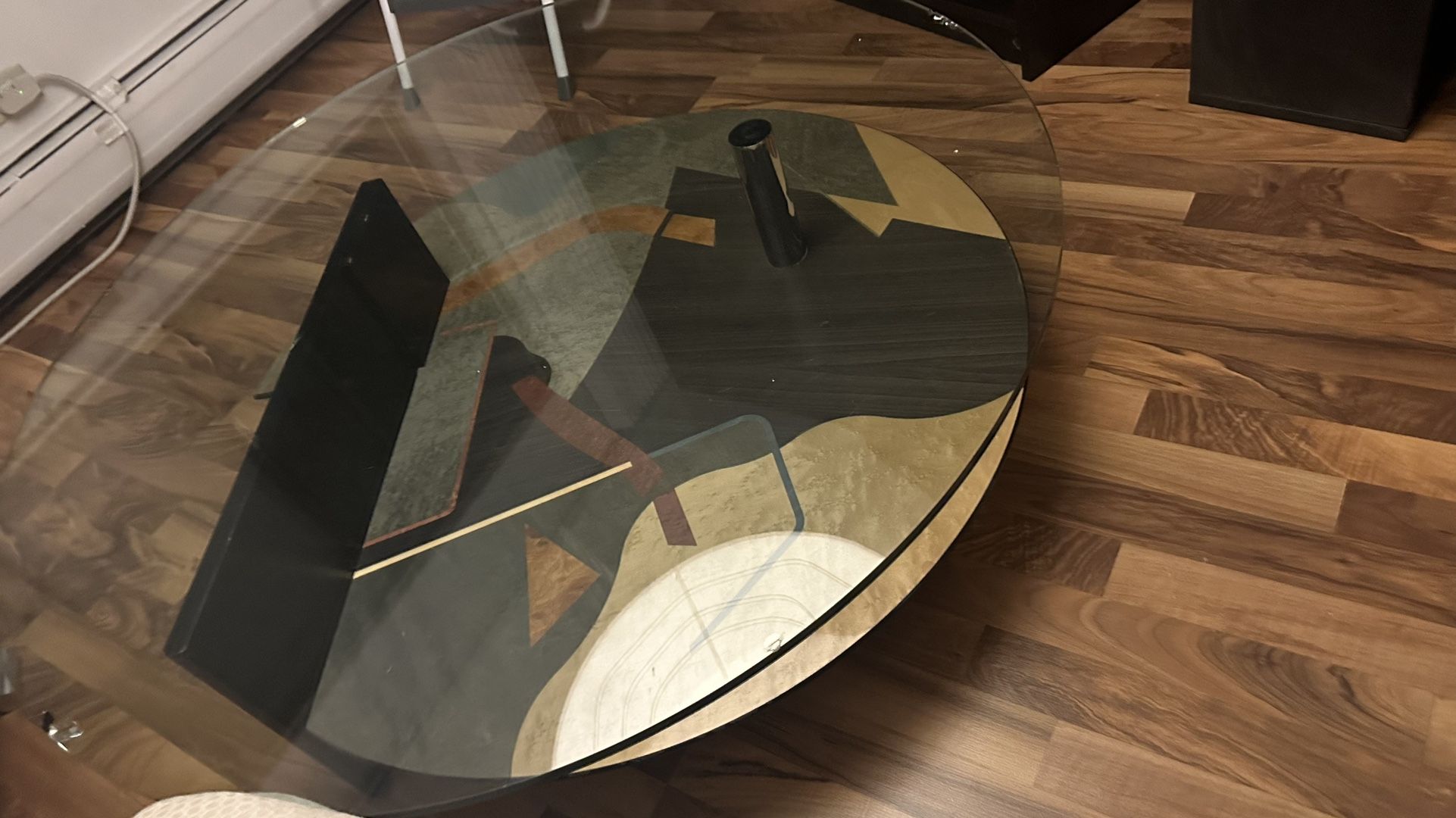 Designer Coffee Table 45” X 13”H Rounded Glass Exotic Wood Veneer