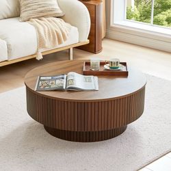 Fluted Round Coffee Table with Flip Top and Lift Top, Round Coffee Table with Hidden Compartments Storage for Living Room, Walnut