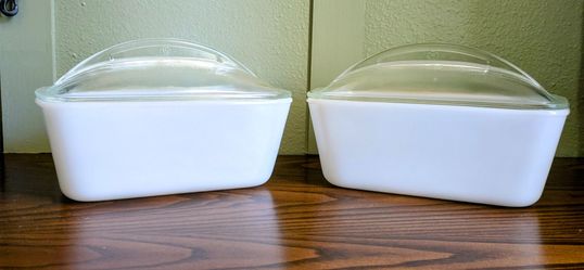 Vintage Westinghouse Loaf pans, bread pan, white milk glass with clear glass covers