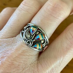 Native American Sterling Silver and Multistone Inlay Ring size 9