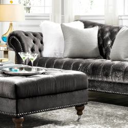 Raymour & Flanigan tufted Duchess Sofa and Loveseat Set gray