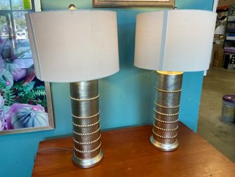 JONATHAN Y Evelyn Silver Leaf Table Lamps w/ Drum Shades (Set of 2)