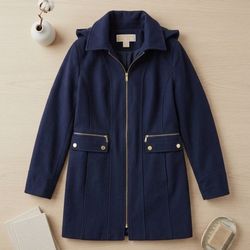 Michael Kors Navy Pea Coat Women’s Size 6 Wool Blend Gold Buttons Hooded