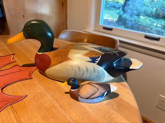 Vintage Wooden Mallard Duck Decoys Set of 2 Signed H Estberg 1982 Karen Amick