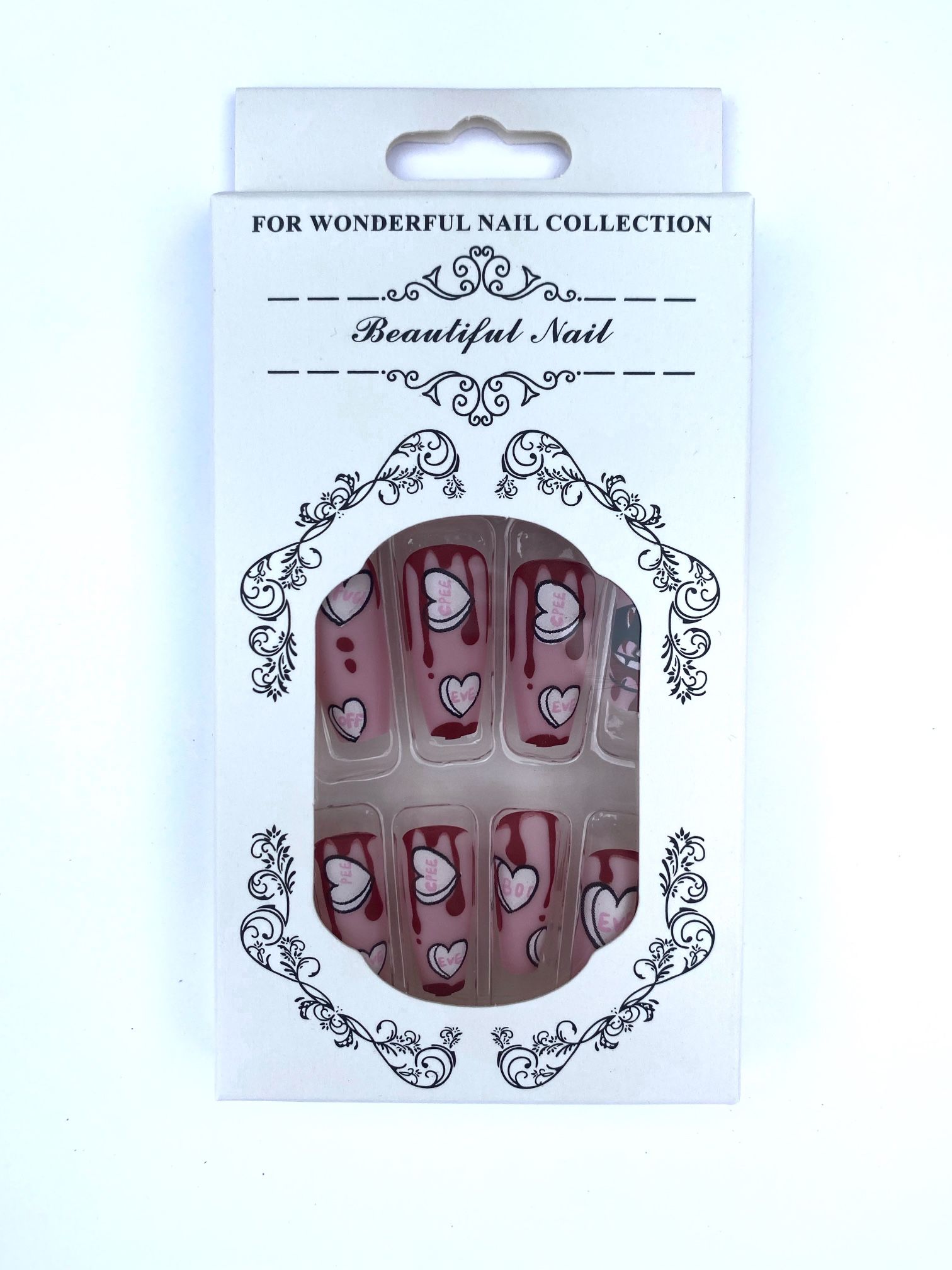 BFF HEARTS LONG COFFIN SHAPED PRESS ON FAUX NAILS