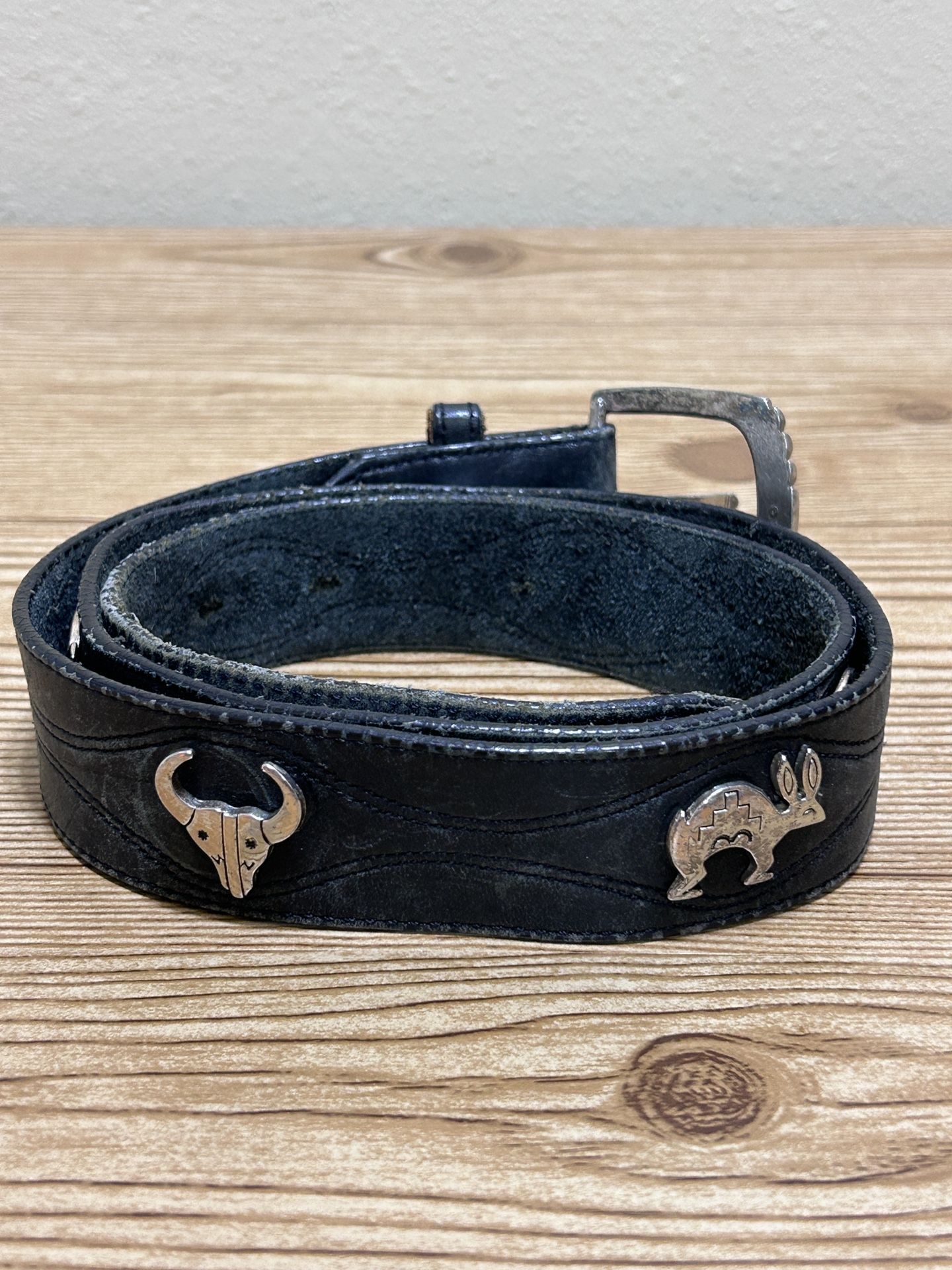 VTG '91 Leegin Southwestern Leather Belt Conchos Buffalo Skull Rabbit Snake Blk