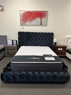 Black Tufted Velvet Sleigh Bed Frame