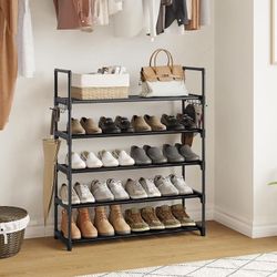 5 Tiers Black Shoe Rack Shoe Organizer Shoe Storage for Closet for Entryway 20-25 Pairs  with Hooks Metal Pipes Plastic Connectors