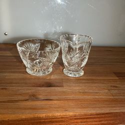 Vintage glass creamer and sugar bowl set with a hobnail design, cut glass, retro style for tea parties.