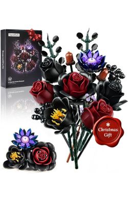 Christmas Black Burgundy Red Rose Bouquet Building Set, Artificial Flowers Botanical Collection Kit for Adults - Gothic Home Table Centerpieces Decor 