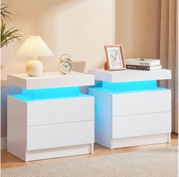 White Nightstand Set with LED Lighting – Set of 2