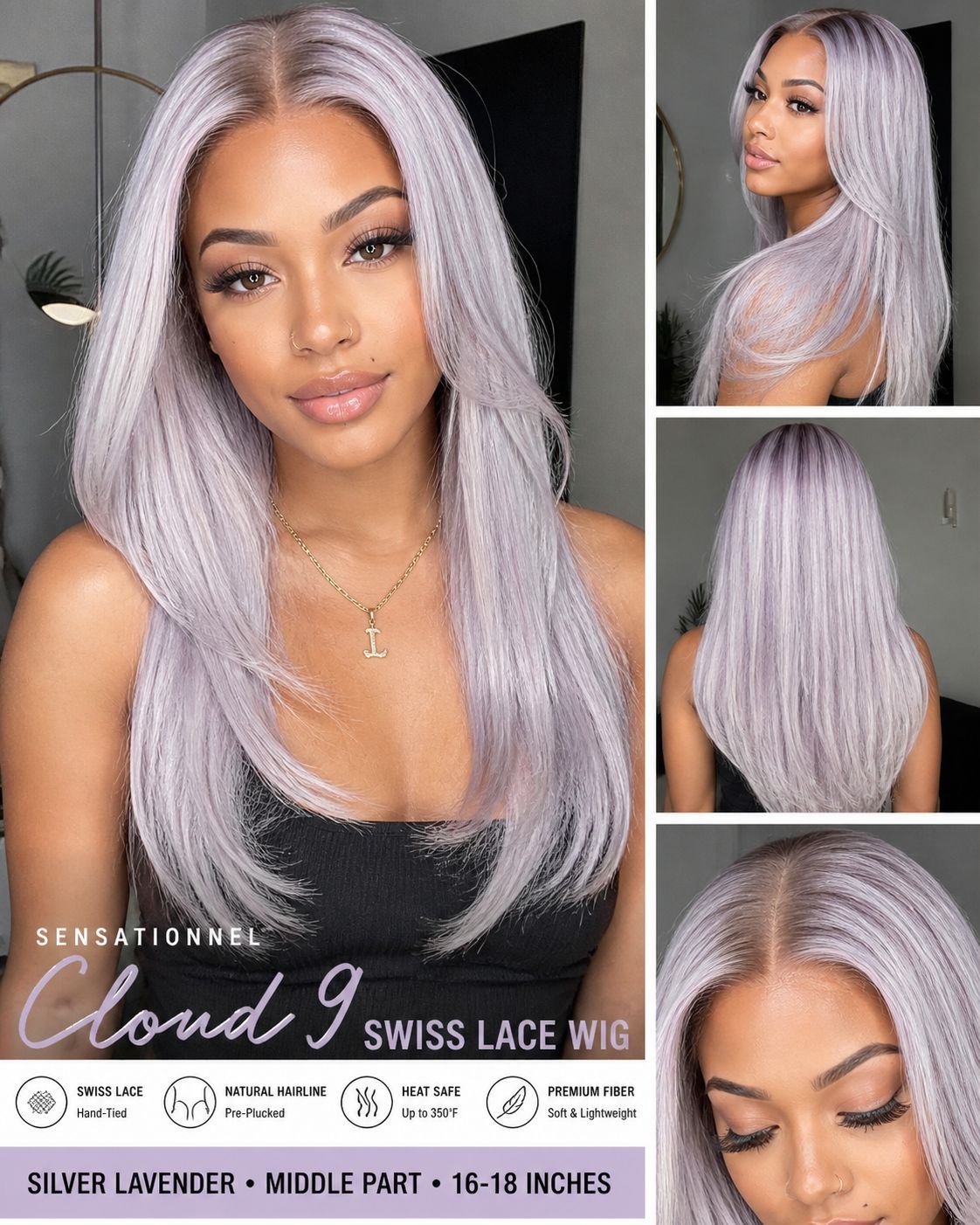 Sensationnel Cloud 9 Wig Swiss Lace Front Silver Lavender Hair Heat Safe Synthetic Pre Plucked Natural Hairline Middle Part Long Straight Wig Pastel H
