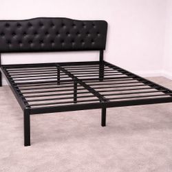 Queen Size Metal Bed Frame with Tufted Upholstered Headboard – Black 