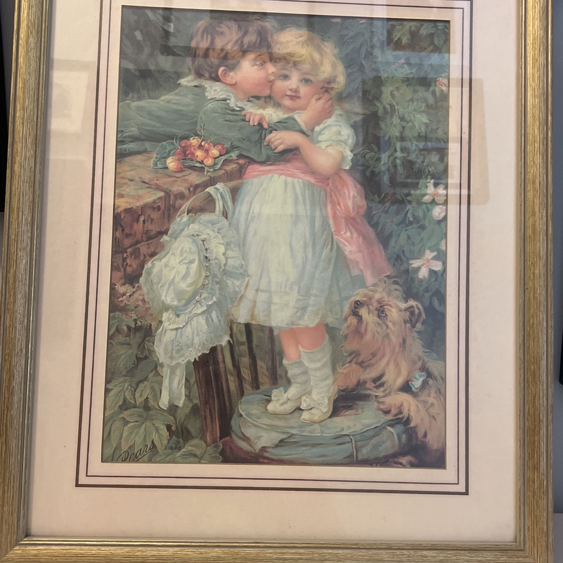 Adorable Boy Kissing Girl In The Garden. Professionally Framed