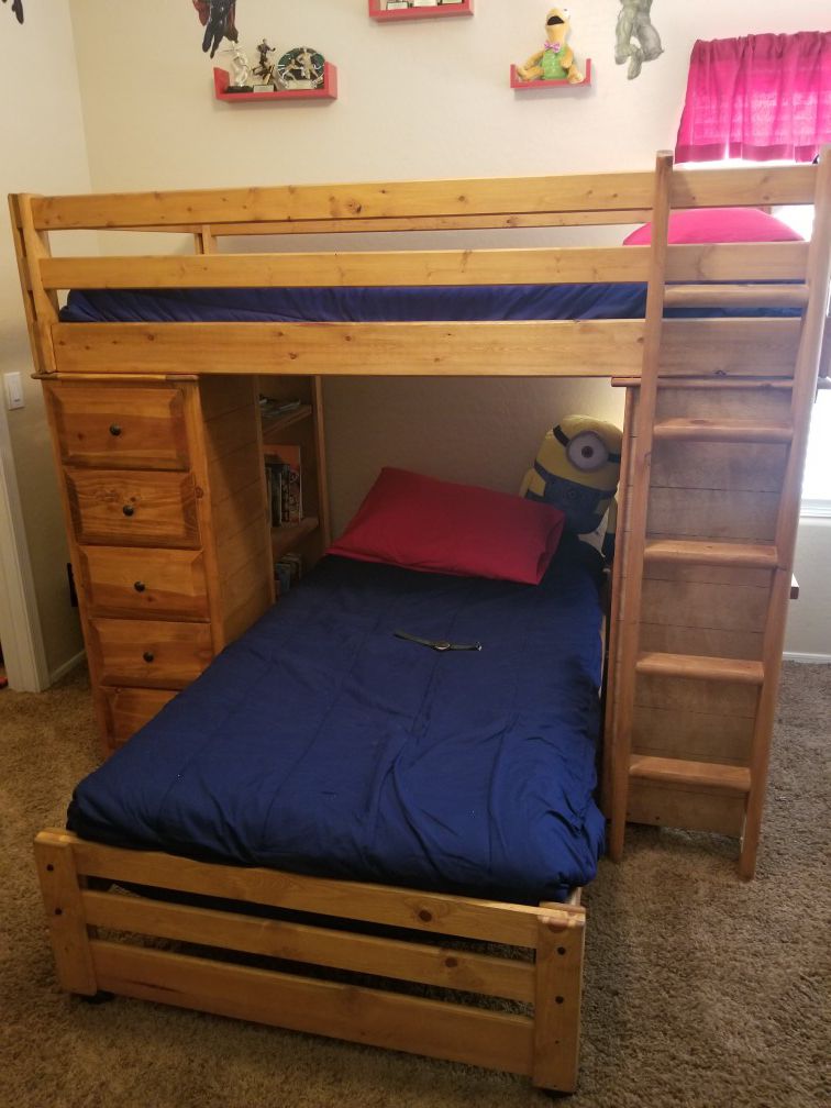 Bunk bed with desk and bookcase attached