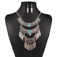 Bohemian Tribal Antique Tibetan Silver Turquoise beads Leaf Tassels Statement Necklace Jewelry Sets
