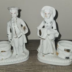 Vintage Small Porcelain Figurine Candle Holders with Gold Accents