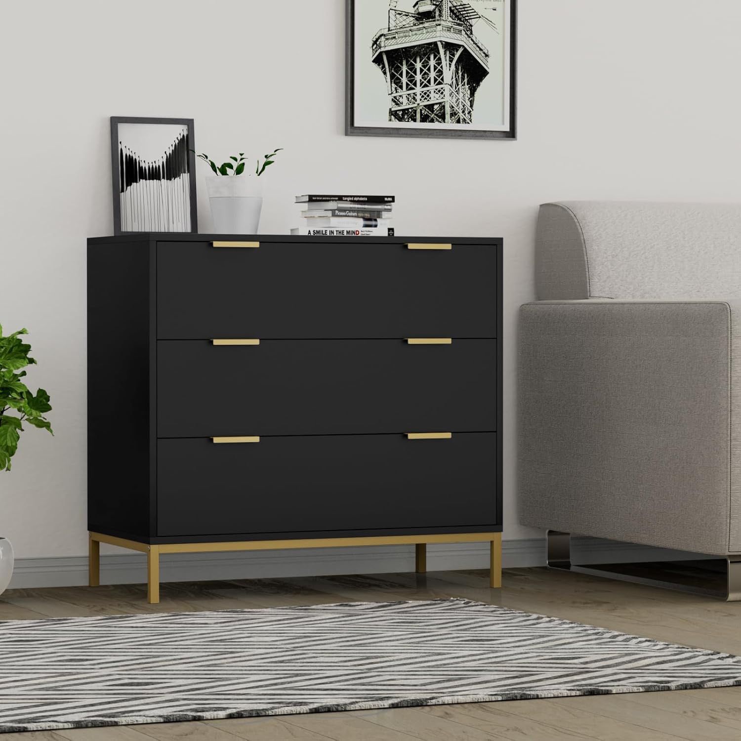 New Anmytek Black Dresser for Bedroom, 3-Drawer Dresser with Spacious Storage, Modern Wooden Dresser for Bedroom, Living Room, Hallway Dresser New in