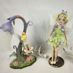 Vintage Disney Tinker Bell Flower Lamp and Porcelain  Doll