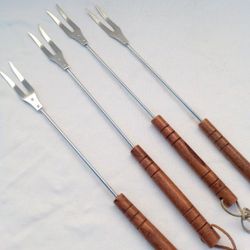 4 Deluxe 18.5" BBQ Grilling Forks with 6.25" Long Decorative Wooden Handles Keeping Hands Safe from Fire & Leather Straps for Hanging on the Grill