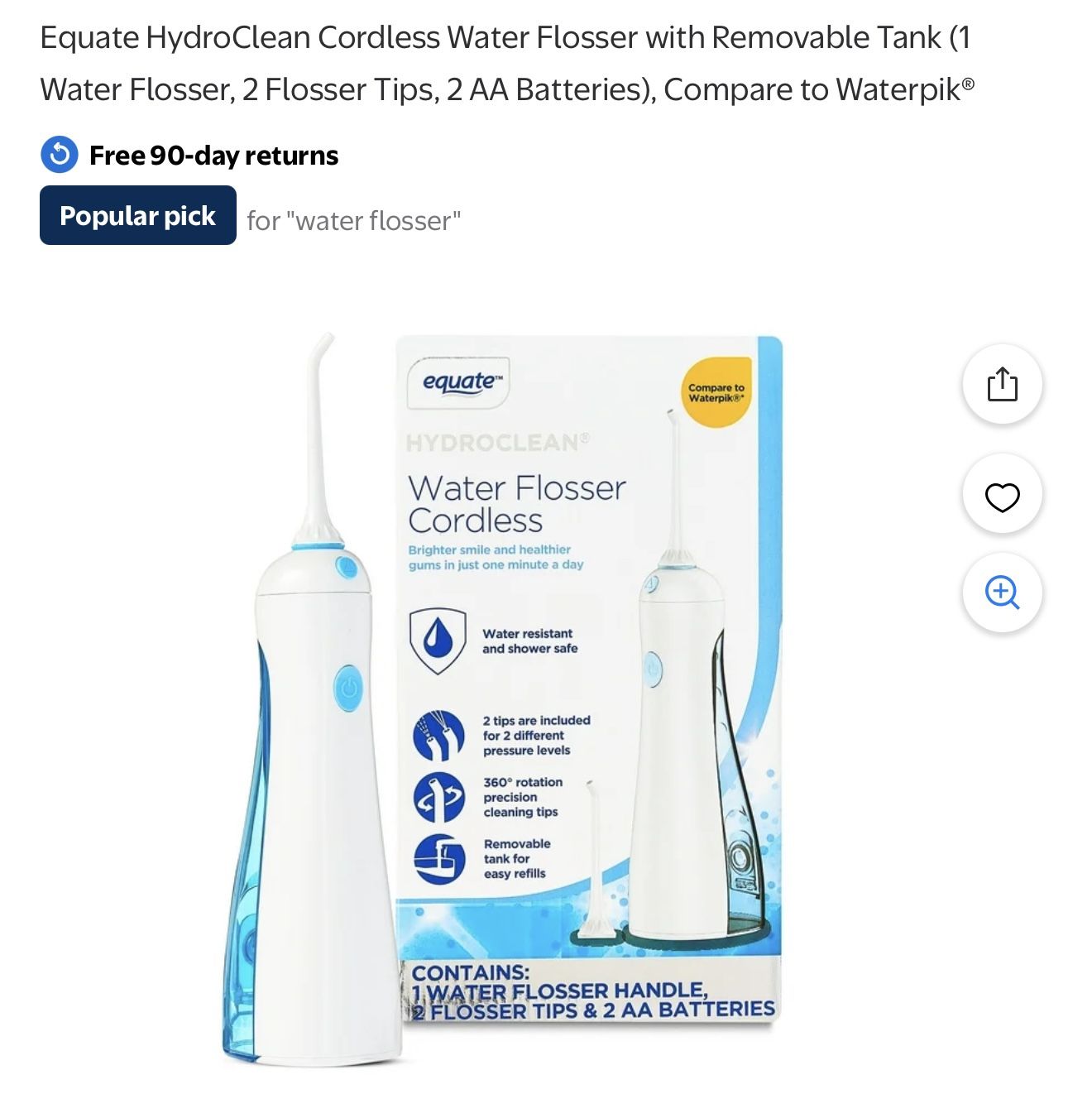 Equate HydroClean Cordless Water Flosser with Removable Tank (1 Water Flosser, 2 Flosser Tips, 2 AA Batteries), Compare to Waterpik®