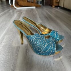 Mary Fashion Heels- Size 39 Blue Rhinestone/ Gold Rhinestone And Detailing