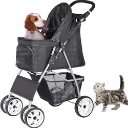 Foldable Pet Stroller, Cat/Dog Stroller with 4 Wheel, Pet Travel Carrier Strolling Cart with Storage Basket, Cup Holder (Black)