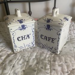 Pair of vintage J Willfred Cafe And Cha Blue And White Ceramic Canisters, French Country Style.