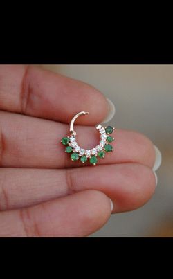 Emerald Diamond Septum Daith Ring, 14K Solid Gold Clicker Earring, Natural Gemstones 18g Septum Helix