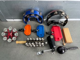 Drum & percussion accessories individually priced. Latin Lp blocks, guiro, cowbells, tambourines, maracas etc. cymbal, sleigh bells,