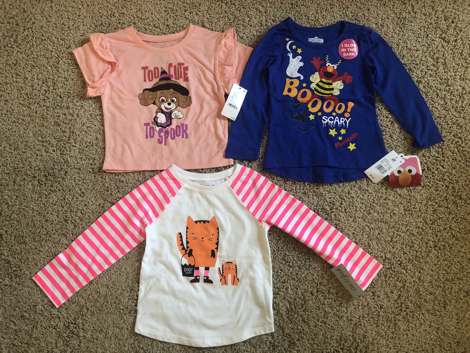 NEW 3T Toddler Girls Halloween shirt lot: Paw Patrol, Sesame Street Elmo & Cat & Jack