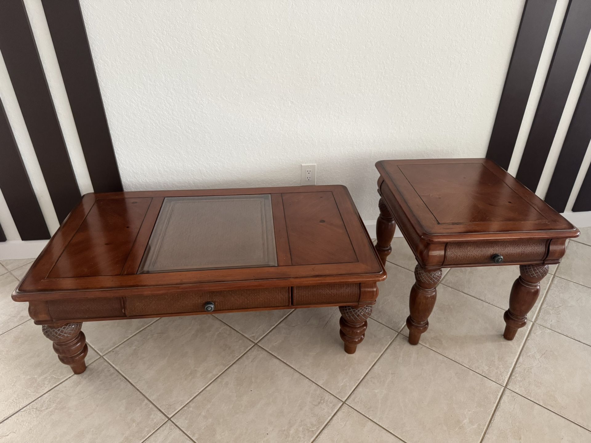 Solid Wood Coffee Table & Side Table with Storage Drawers
