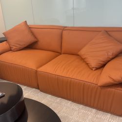 Modern Luxury Orange Leather Modern Sofa with Deep Seat Width and Solid Color Pattern - Genuine Leather 71"L x42"W× 28"H