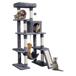 Large Multi-Level Cat Tree, 63 Inches Tall with Sisal-Covered Scratching Posts, Condo, Hammock, Dangling Ball, and Extended Platform for Cats to Play 