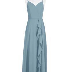 Azazie Women's Size 4 Dusty Blue Ruffle Maxi Dress Formal