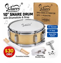 GLARRY 10” x 6” Snare Drum w/ Drumsticks & Strap – New