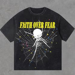 Retro Faith Over Fear Print Spider Graphics Acid Washed T-Shirt 