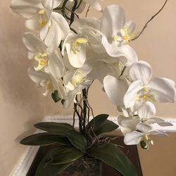 Large Beautiful  Silk Orchid  Flowers  In The Square Glass Vase 28 “ Tall 