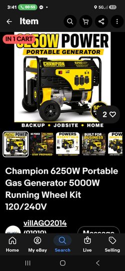 Champion generator 6250 starting watts and 5000 running watts serious inquiries only! Asking 500 o.b.o