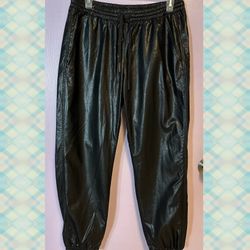 ZARA Women’s Black Faux Leather Jogger Pants Elastic Waist Pockets Size L